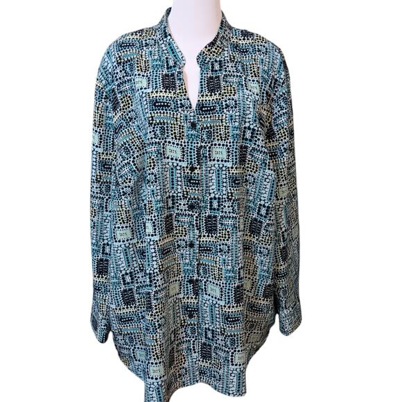 VINTAGE MAGGIE BARNES Blouse Top Long Size 3X No Wrinkle‎ Satin Poly Geometric - Picture 1 of 9